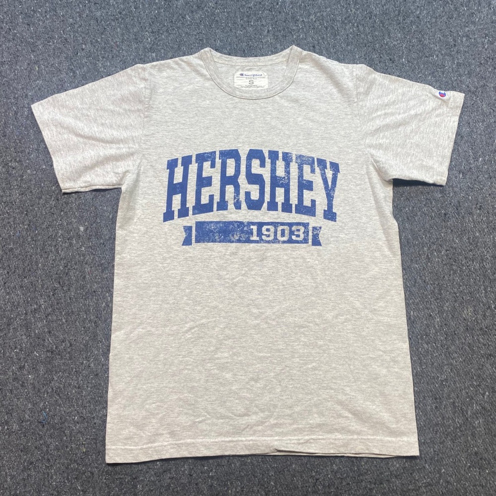 Champion Hershey 1903 TShirt Sz S Mens Gray Distressed Graphic Logo Tee Casual